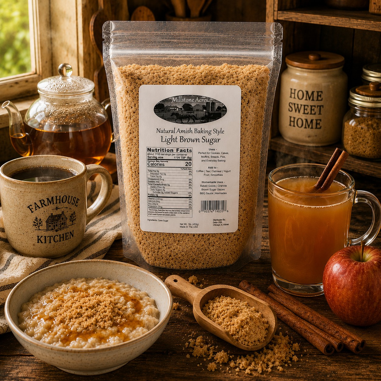 Millstone Acres Light Brown Sugar displayed with coffee, tea, apple cider, oatmeal, and everyday pantry ingredients in a bright farmhouse kitchen.