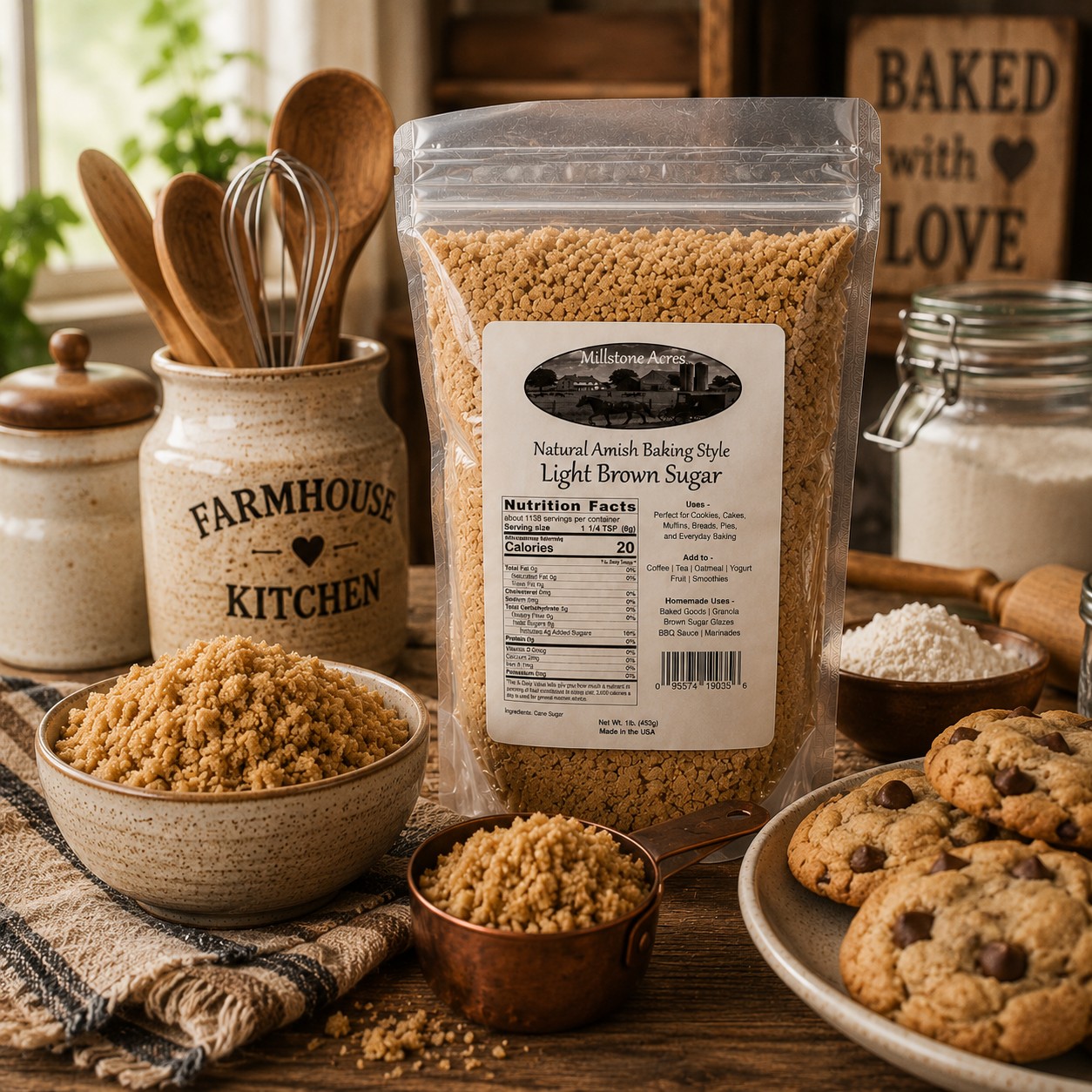 Millstone Acres Light Brown Sugar displayed with homemade chocolate chip cookies, baking ingredients, and wooden utensils in a bright farmhouse kitchen.