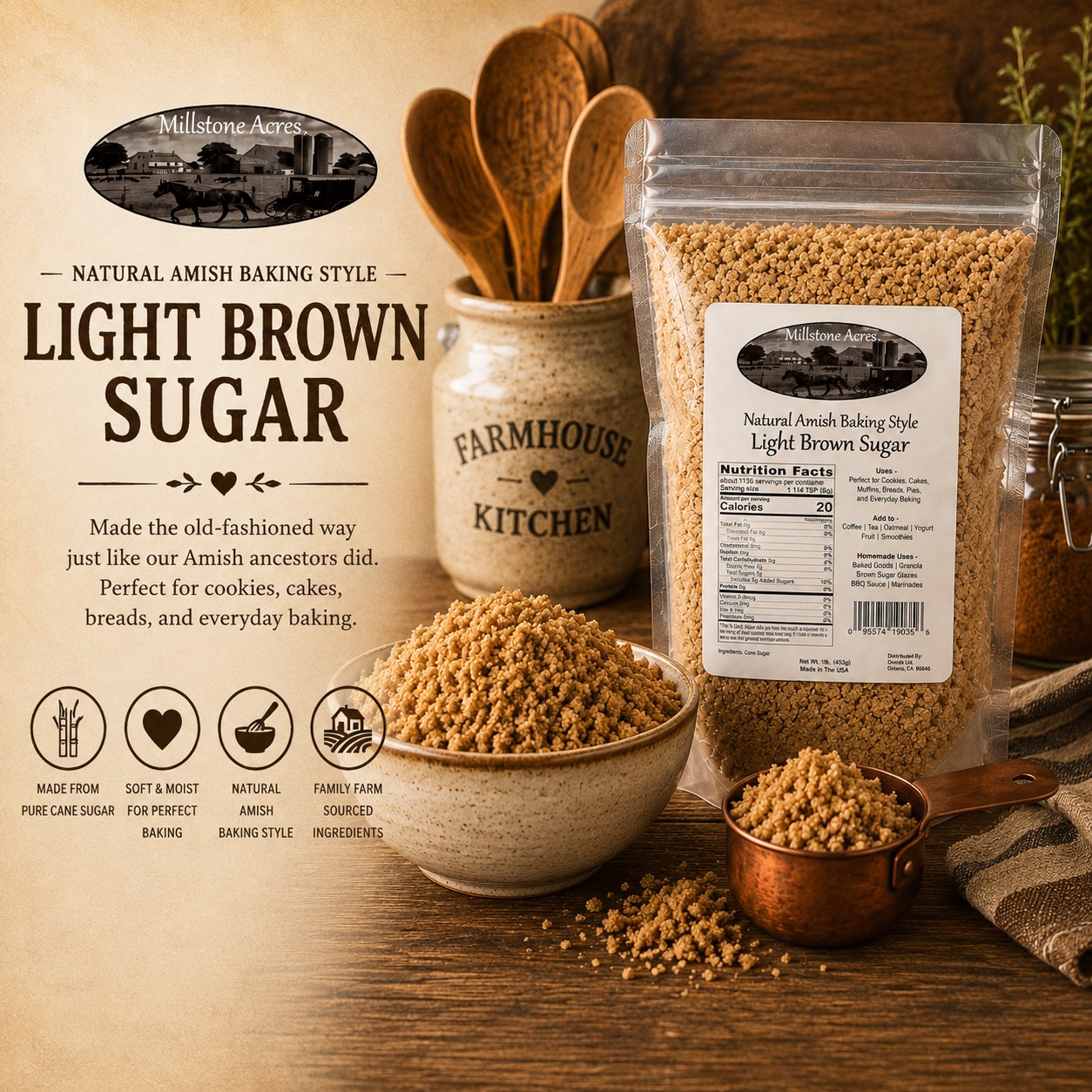 Millstone Acres Light Brown Sugar displayed with homemade baked goods and traditional baking ingredients in a bright farmhouse kitchen.