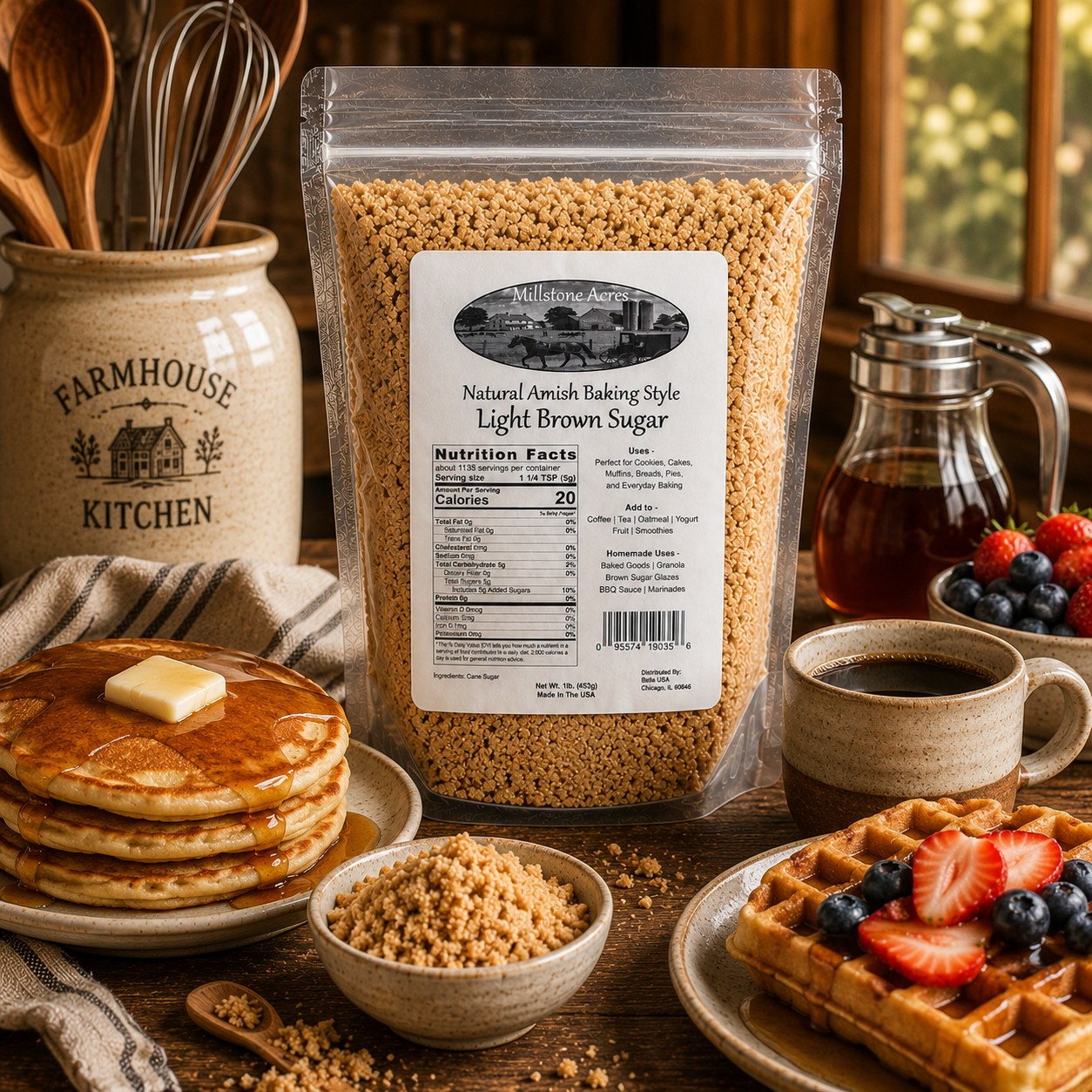 Millstone Acres Light Brown Sugar displayed with oatmeal, banana bread, baked apples, and classic farmhouse breakfast favorites.
