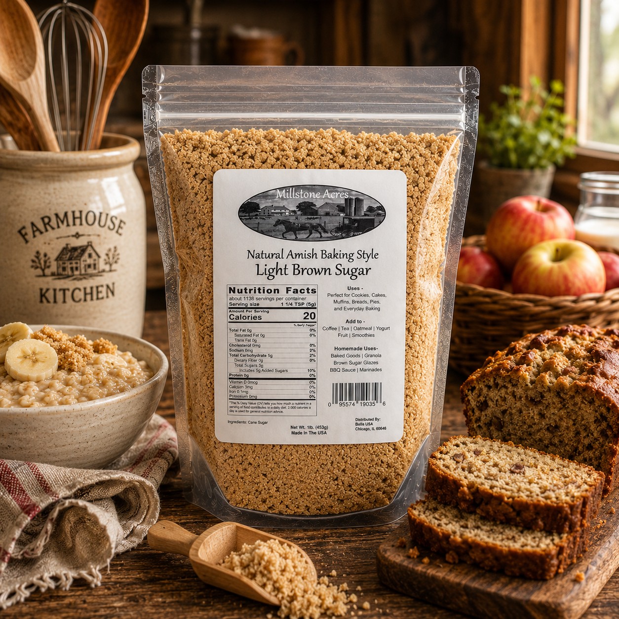 Millstone Acres Light Brown Sugar used in homemade cookies and classic baked treats in a bright farmhouse kitchen.