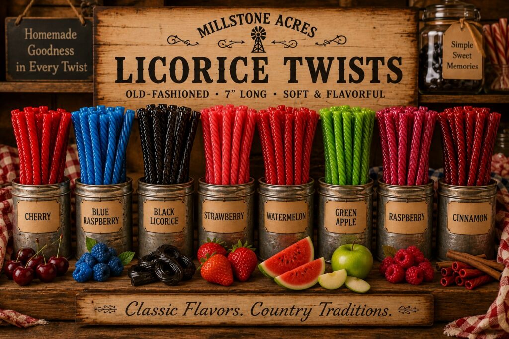 Rustic old-fashioned candy shop display featuring colorful licorice twists in cherry, blue raspberry, black licorice, strawberry, watermelon, green apple, raspberry, and cinnamon flavors with vintage country store styling.