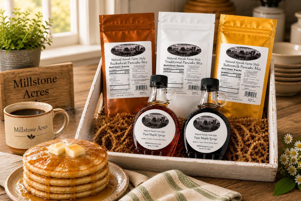 Farmhouse pancake mix gift set featuring traditional pancake mixes, Grade A maple syrup bottles, rustic kitchen styling, and clean ingredient messaging in a cozy country breakfast scene.