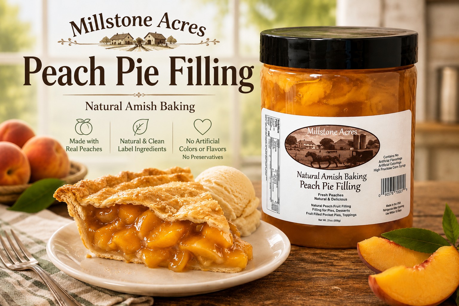 Millstone Acres Peach Pie Filling with homemade peach pie, fresh peaches, and natural clean label ingredients.