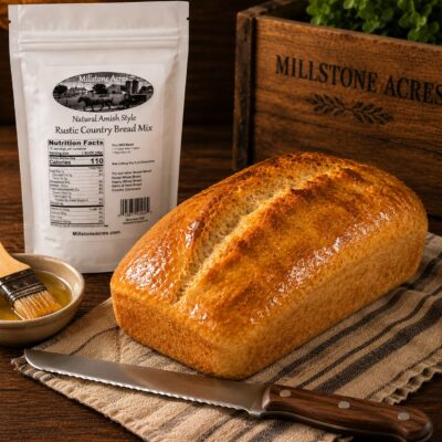 Traditional rustic country bread loaf with golden crust displayed beside a bread knife in a farmhouse kitchen.