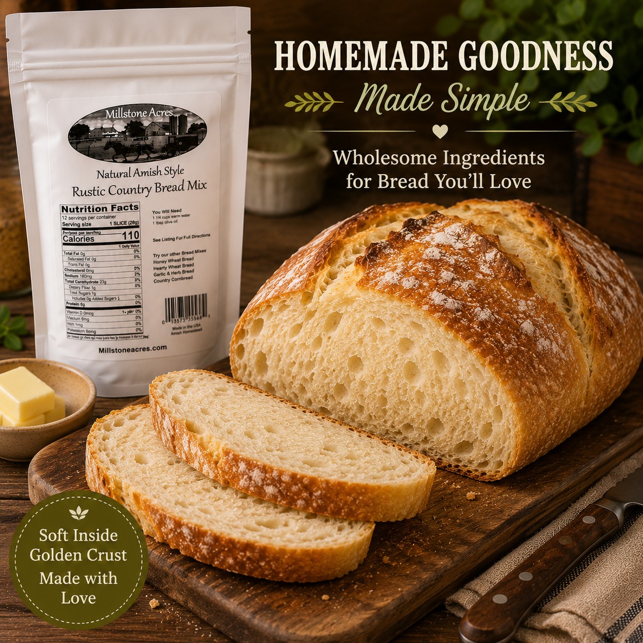 Rustic Country Bread Mix with a golden homemade country loaf in a warm farmhouse kitchen.