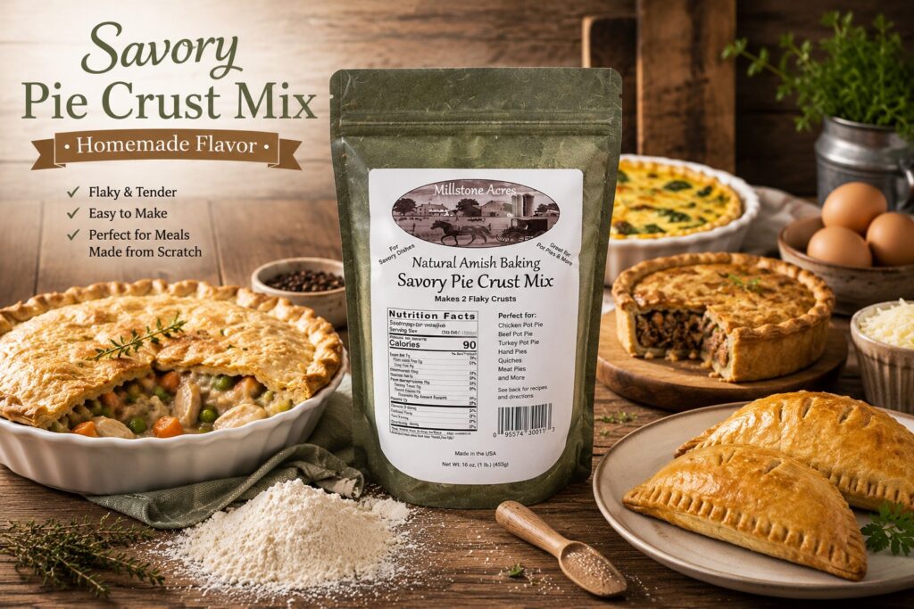 Rustic farmhouse savory pie crust mix display featuring homemade chicken pot pie, hand meat pies, savory meat pie, and country kitchen baking ingredients on a warm wooden table.