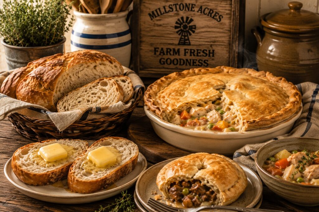 Rustic farmhouse kitchen scene featuring chicken pot pie, savory hand pies, fresh homemade bread with melting butter, and hearty comfort food styling on a weathered wooden table with warm natural sunlight.