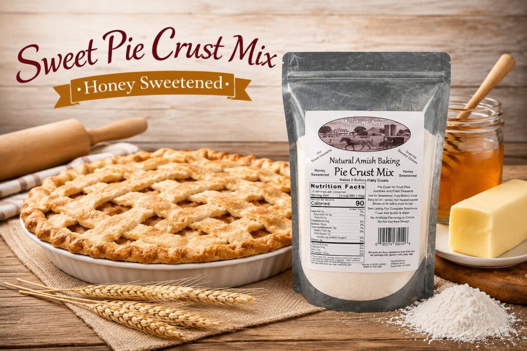 Rustic farmhouse sweet pie crust mix display featuring honey sweetened pie crust mix beside homemade lattice pie, honey jar, butter, flour, and country kitchen baking ingredients.