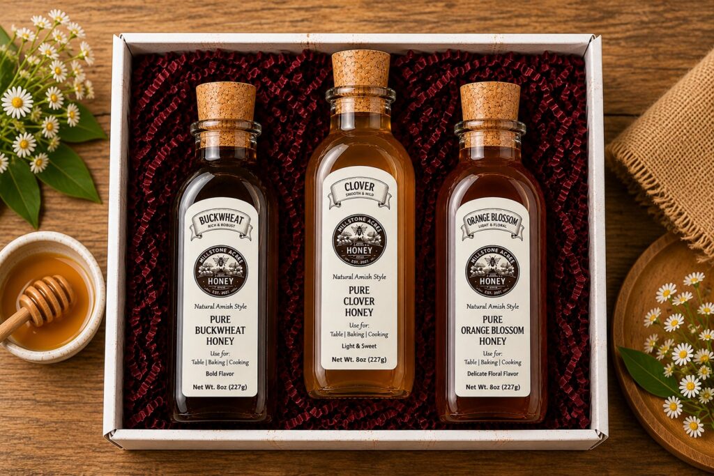 Rustic farmhouse honey gift box featuring buckwheat, clover, and orange blossom honey bottles arranged in a decorative tray with warm country kitchen styling and natural floral accents.
