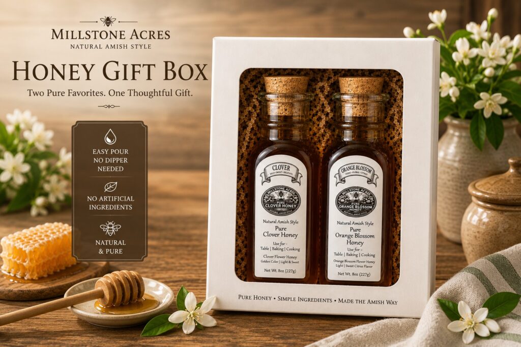 Rustic farmhouse honey gift box featuring clover and orange blossom honey bottles in a decorative white gift box with natural floral accents and warm country kitchen styling.