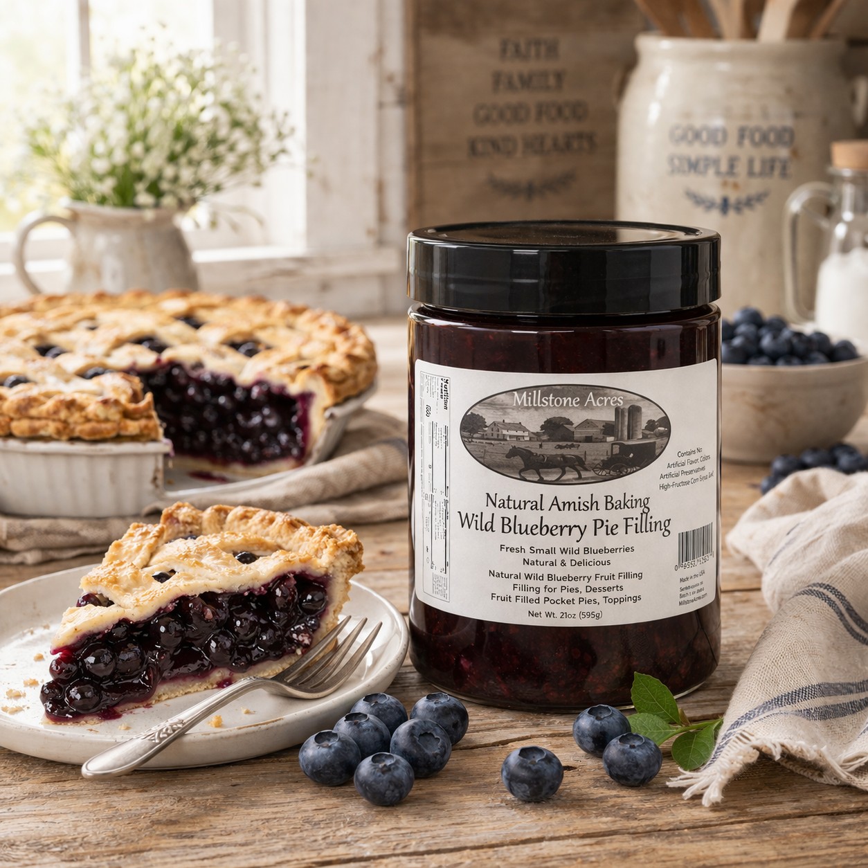 Homemade wild blueberry pie made with Millstone Acres Natural Wild Blueberry Pie Filling in a bright farmhouse kitchen.