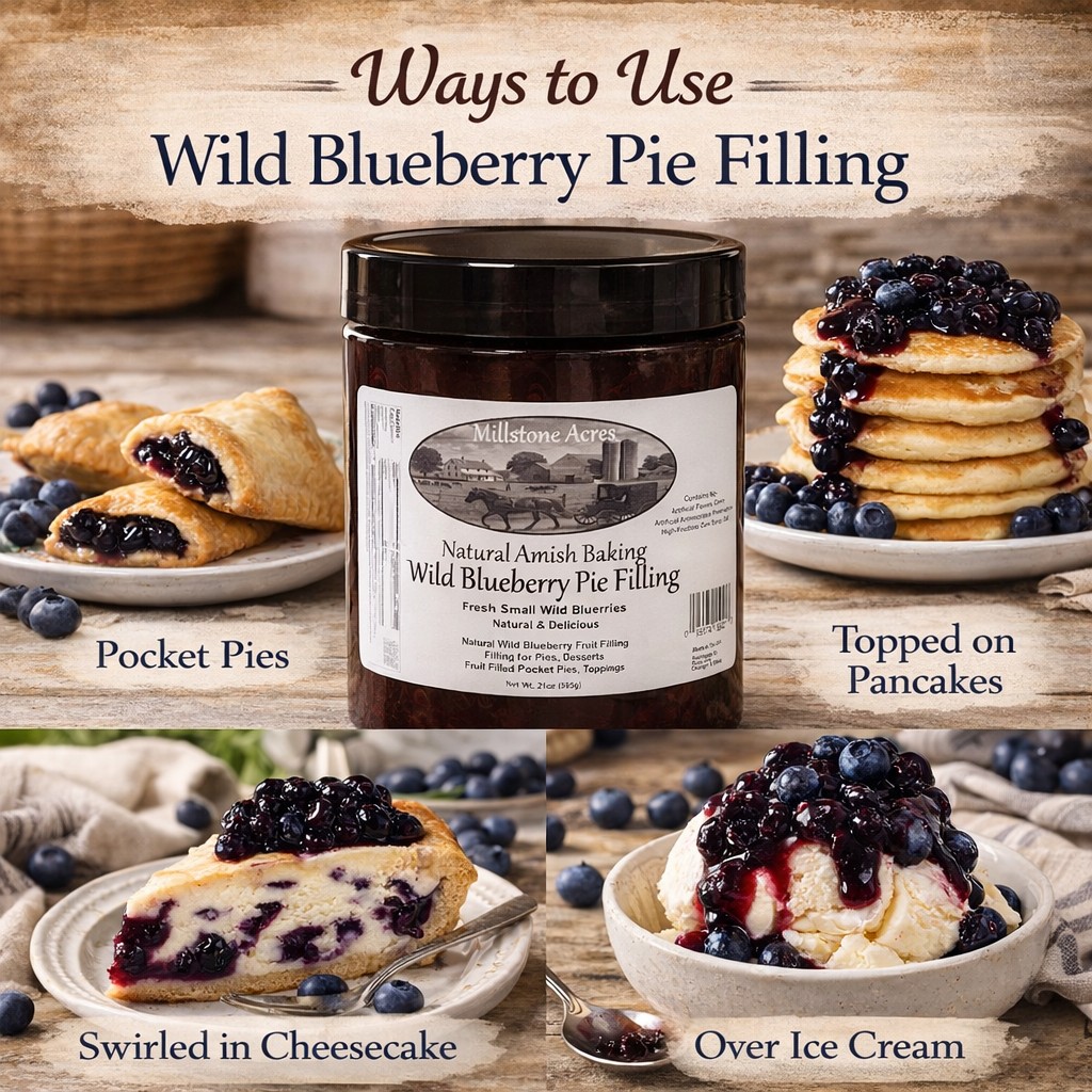 Natural Wild Blueberry Pie Filling served on pancakes, cheesecake, waffles, pastries, and homemade desserts.