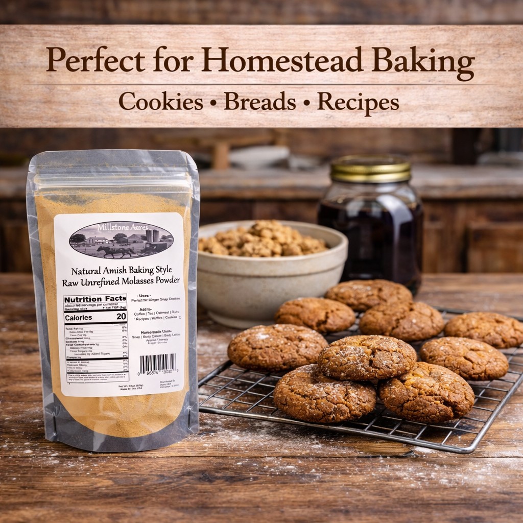 Millstone Acres Blackstrap Molasses Powder used in homemade cookies, muffins, and traditional baked goods in a warm farmhouse kitchen.