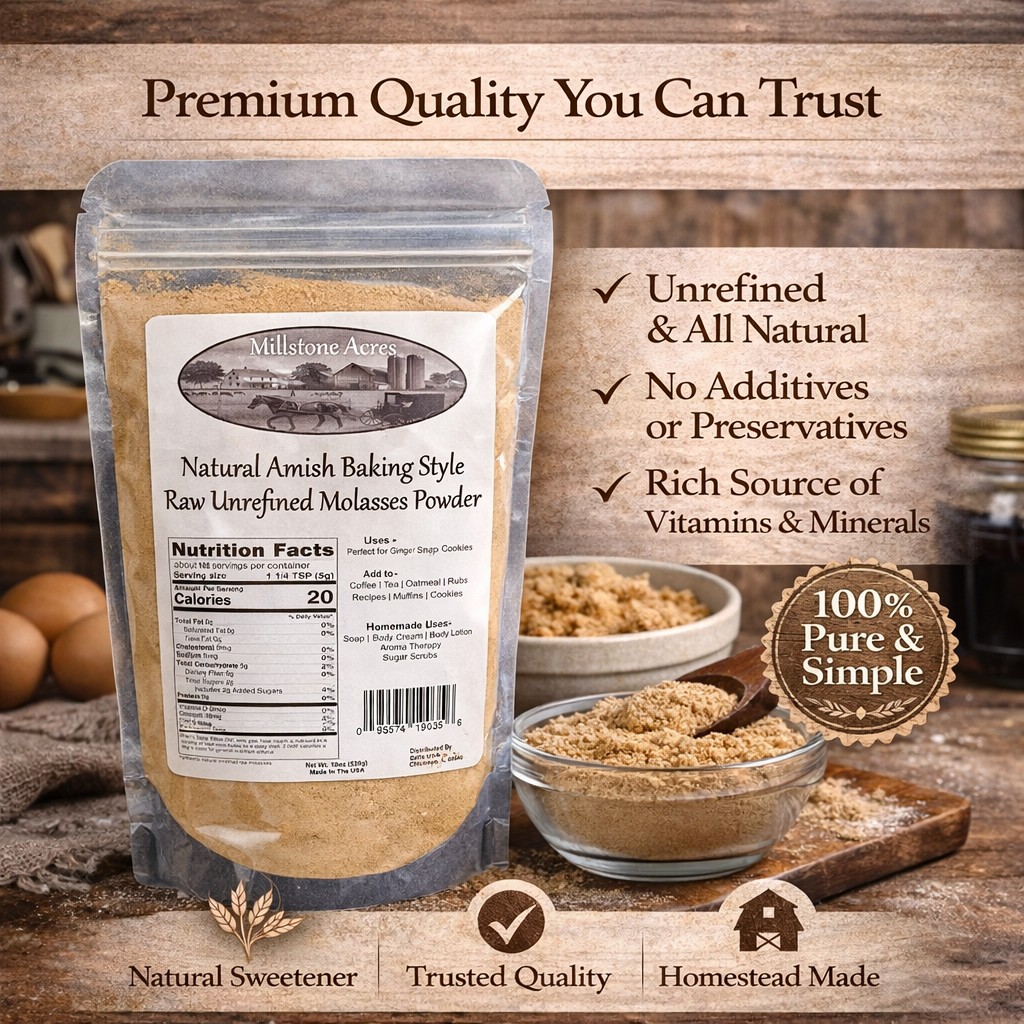 Millstone Acres Blackstrap Molasses Powder displayed as a traditional pantry staple with simple ingredients in a bright farmhouse kitchen.