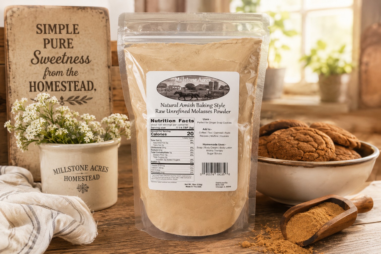 Millstone Acres Blackstrap Molasses Powder displayed with homemade molasses cookies, rustic baking ingredients, and warm farmhouse kitchen styling.