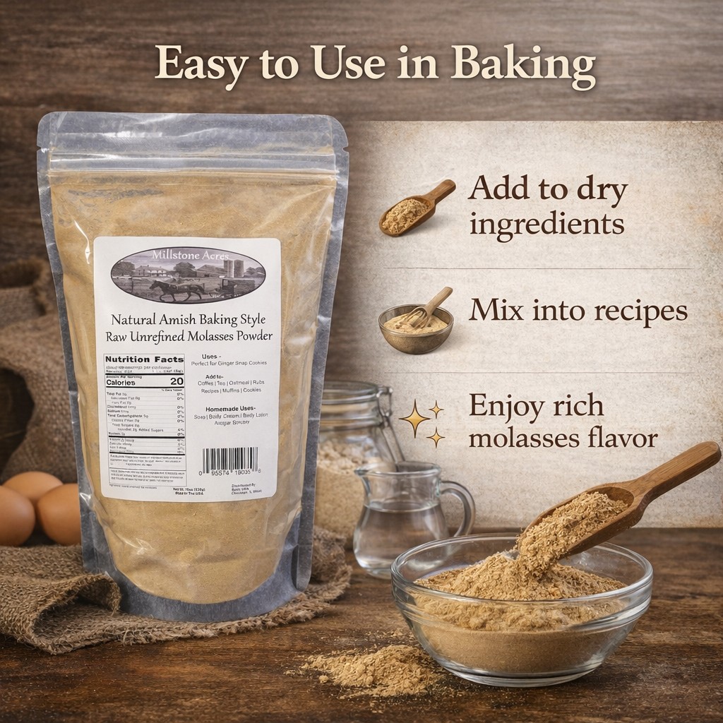 Millstone Acres Blackstrap Molasses Powder measured into homemade baking recipes in a bright farmhouse kitchen.
