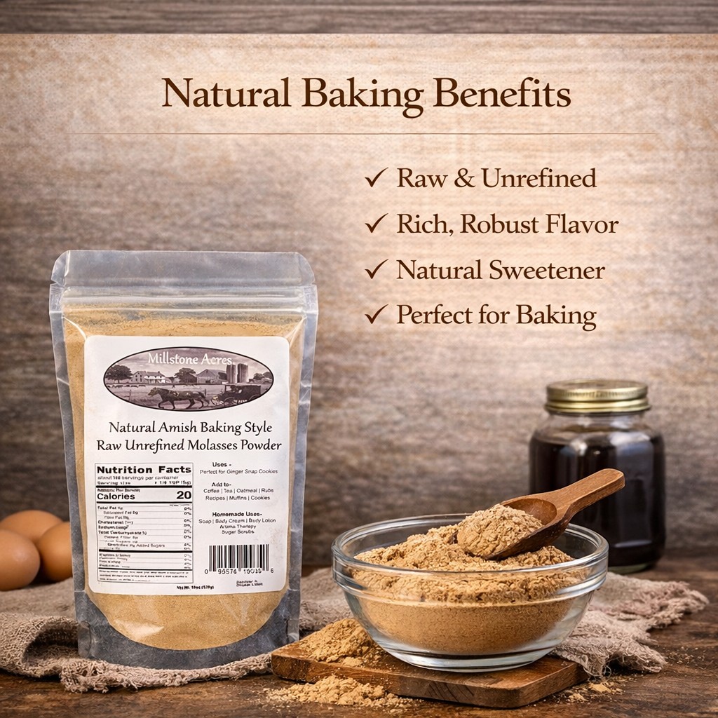 Millstone Acres Blackstrap Molasses Powder displayed with traditional baking ingredients in a bright farmhouse kitchen.