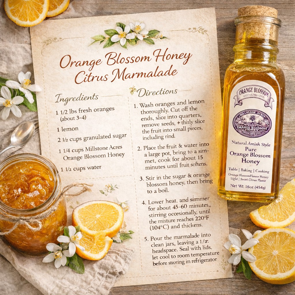 Orange Blossom Honey citrus recipe card with fresh oranges, rustic farmhouse ingredients, and bright homestead kitchen styling.