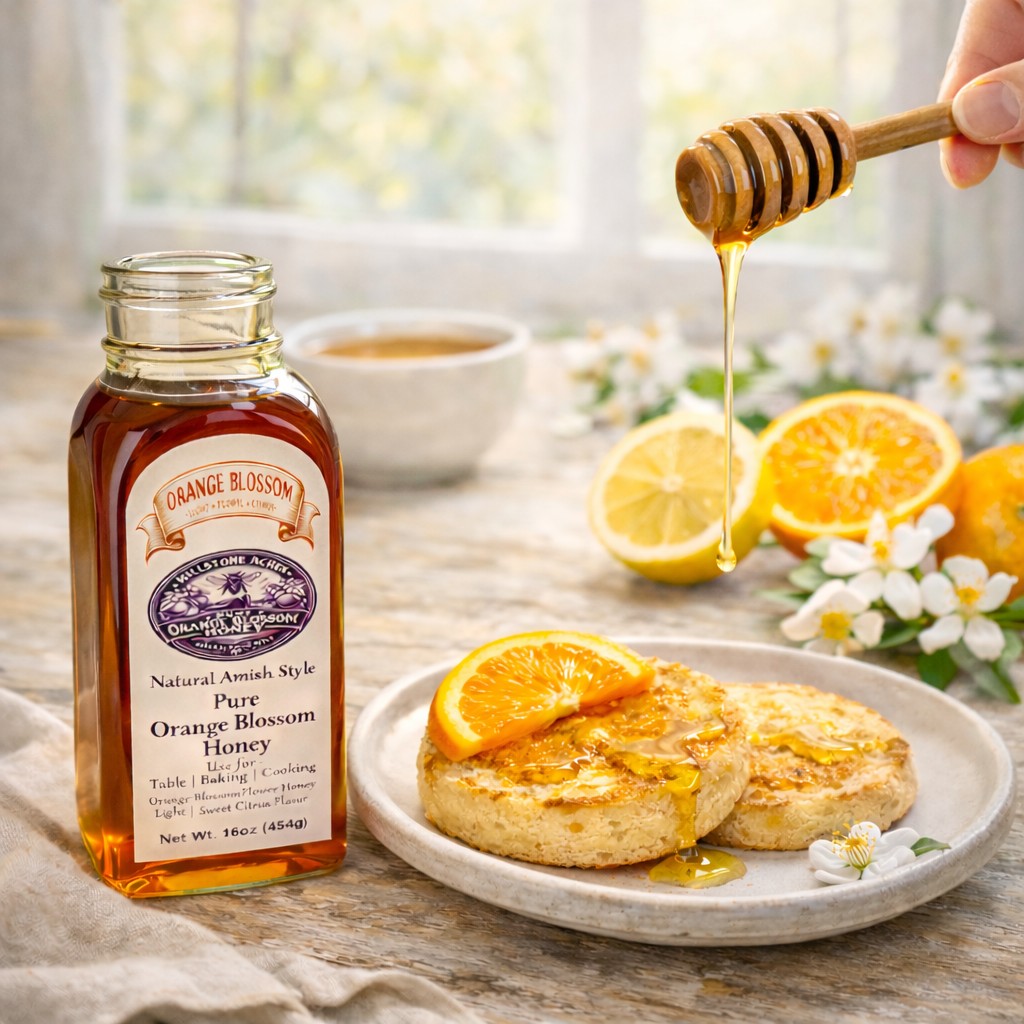 Orange Blossom Honey drizzled over warm English muffins with fresh citrus in a bright farmhouse breakfast setting.