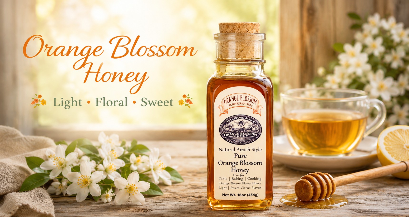 Orange Blossom Honey for tea, breakfast recipes, baking, toast, fresh fruit, and everyday pantry use.