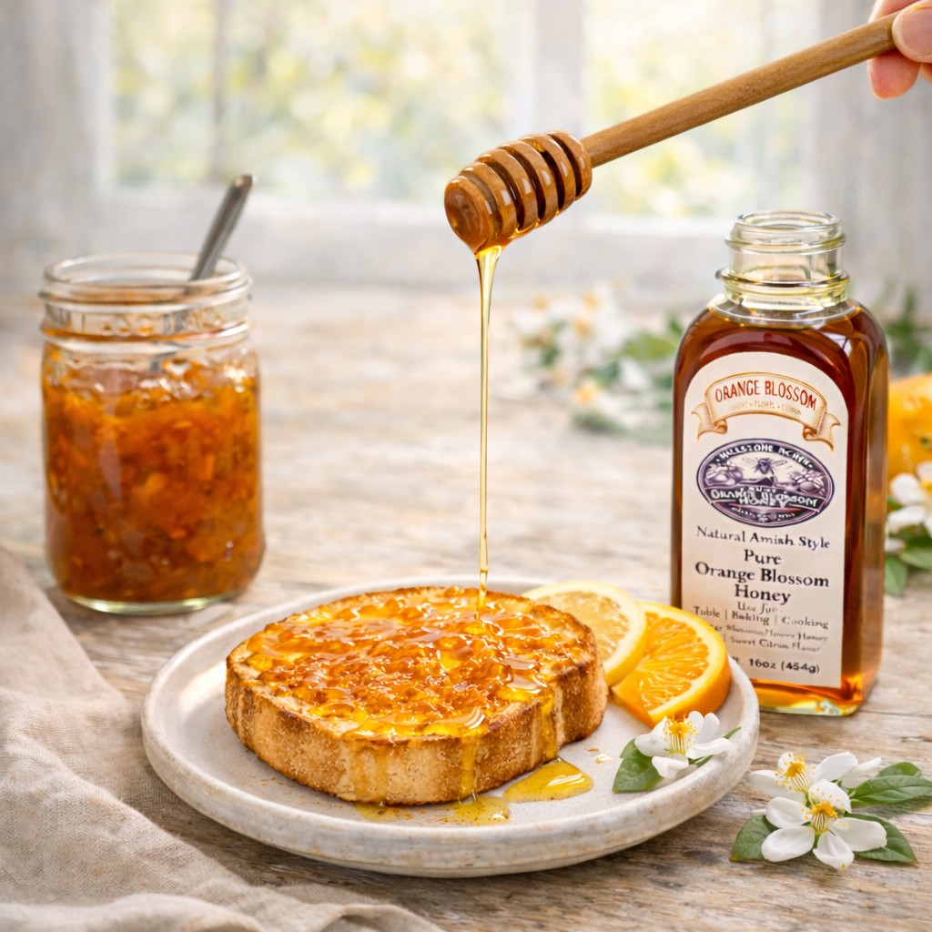Orange Blossom Honey served with citrus marmalade and toasted bread in a bright rustic farmhouse breakfast setting.