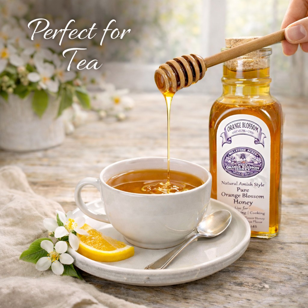 Orange Blossom Honey served with warm tea, fresh citrus, and a cozy farmhouse kitchen setting.