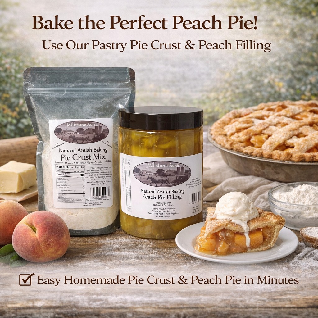 Homemade peach desserts made with natural peach pie filling and pie crust mix in a bright farmhouse kitchen.