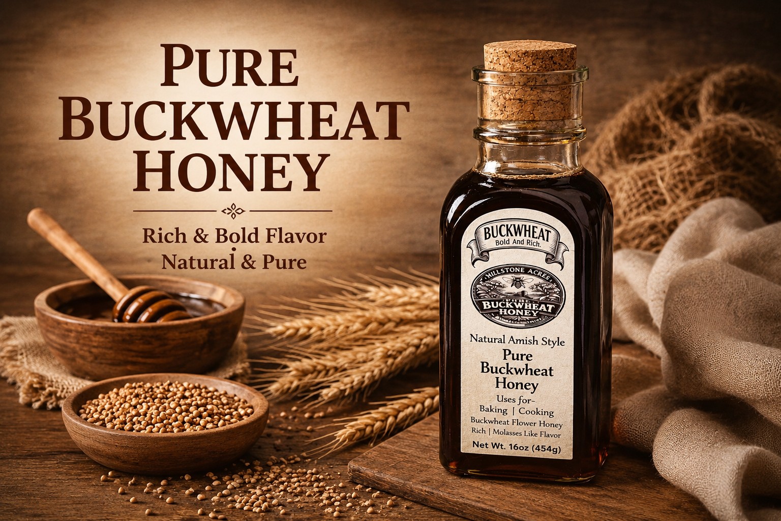 Pure Buckwheat Honey with rich flavor for baking, tea, coffee, marinades, and homestyle recipes.