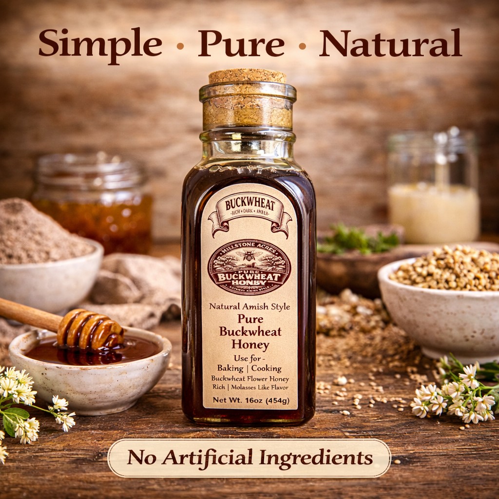 Pure buckwheat honey displayed in a rustic farmhouse kitchen setting highlighting simple natural ingredients and traditional homestead pantry styling.
