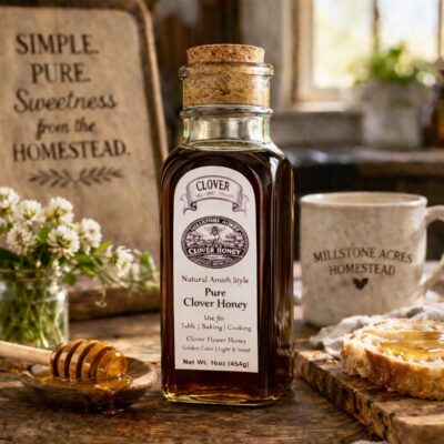 Clover Honey bottle displayed in a rustic farmhouse kitchen with honey dipper, buttered bread, clover flowers, and cozy homestead styling.