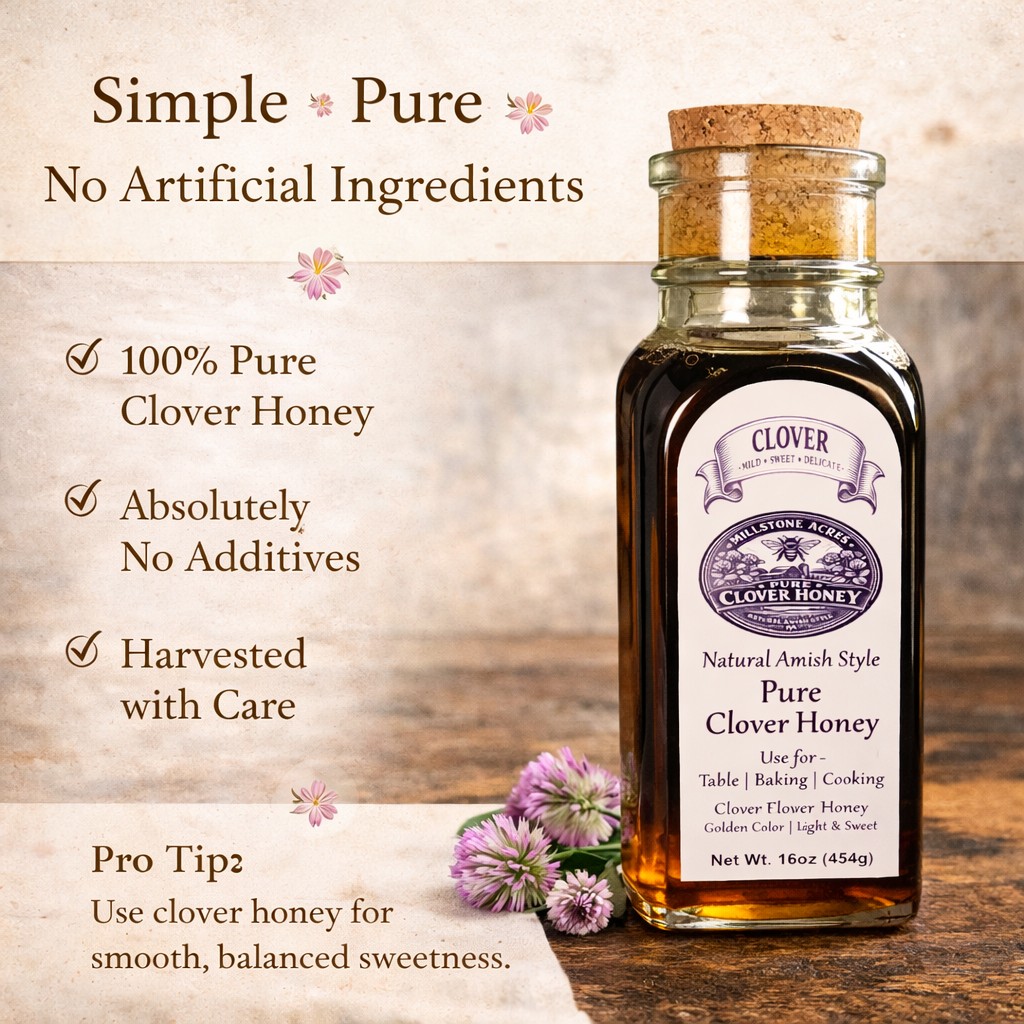 Pure Clover Honey displayed in a rustic farmhouse kitchen setting highlighting simple natural ingredients and classic homestead pantry styling.