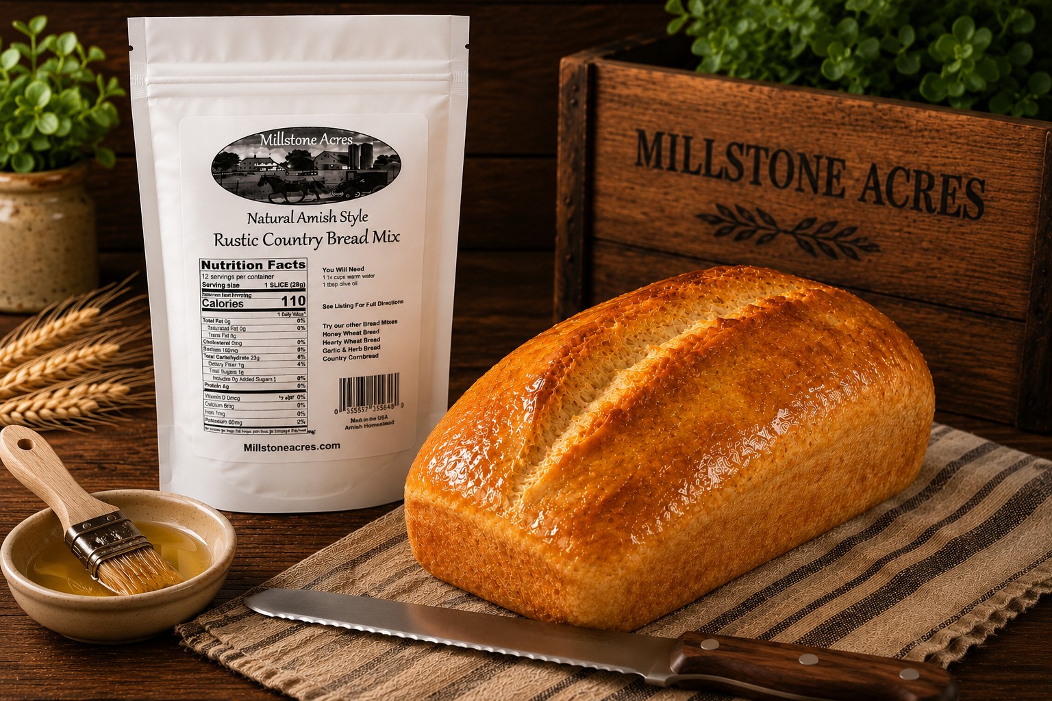 Fresh baked rustic country bread loaf beside Millstone Acres Rustic Country Bread Mix in a farmhouse kitchen.