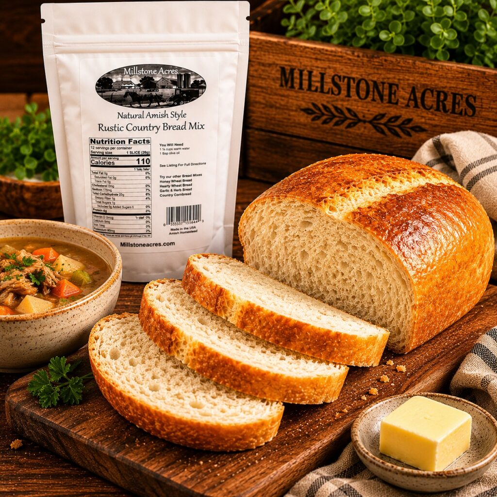 Rustic Country Bread Mix. Rustic country bread served with a bowl of hearty homemade soup, butter, and farmhouse-style dinner setting.