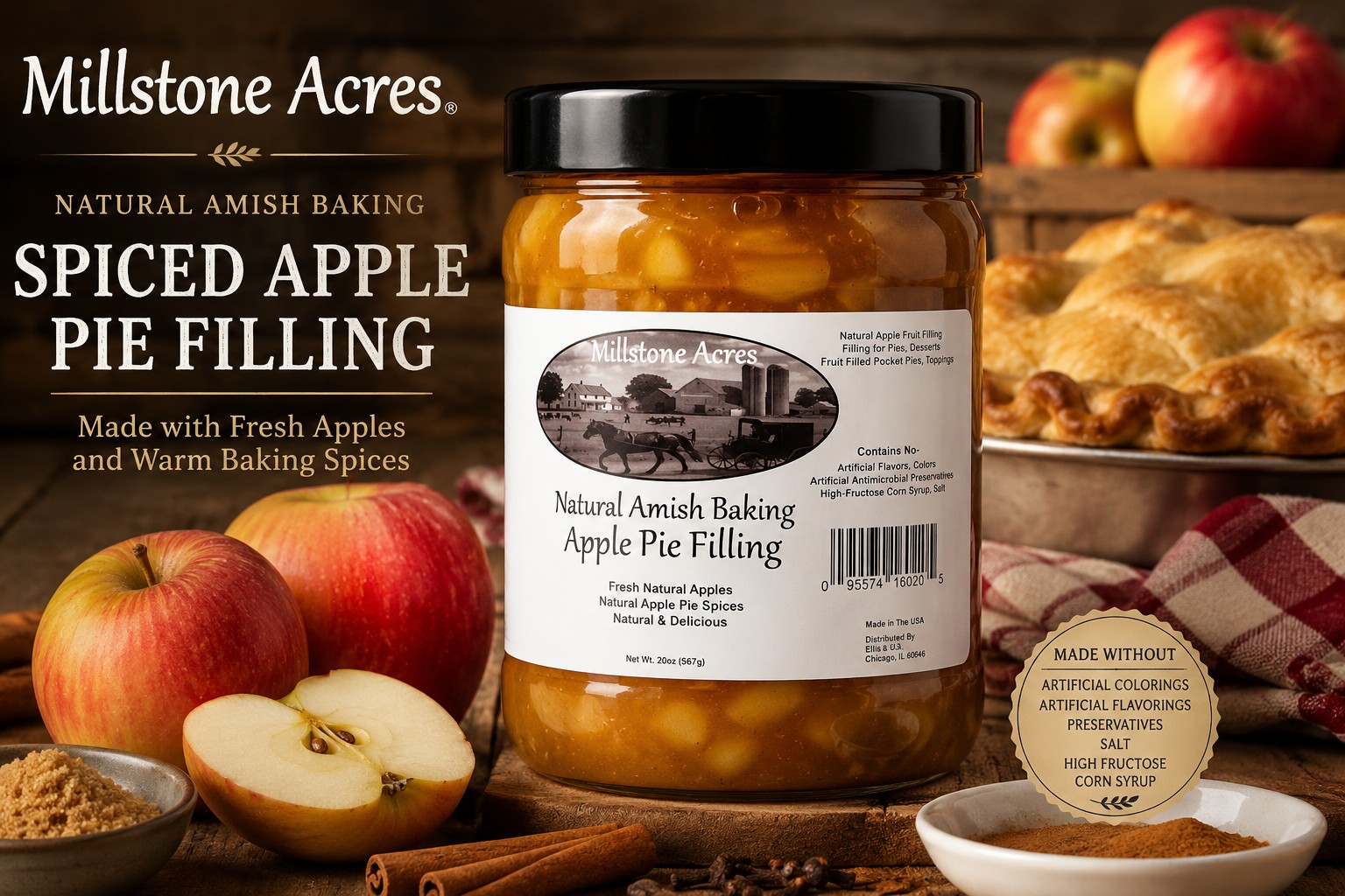 Millstone Acres Natural Spiced Apple Pie Filling with fresh apples, warm baking spices, and homemade apple pie in a rustic farmhouse kitchen.