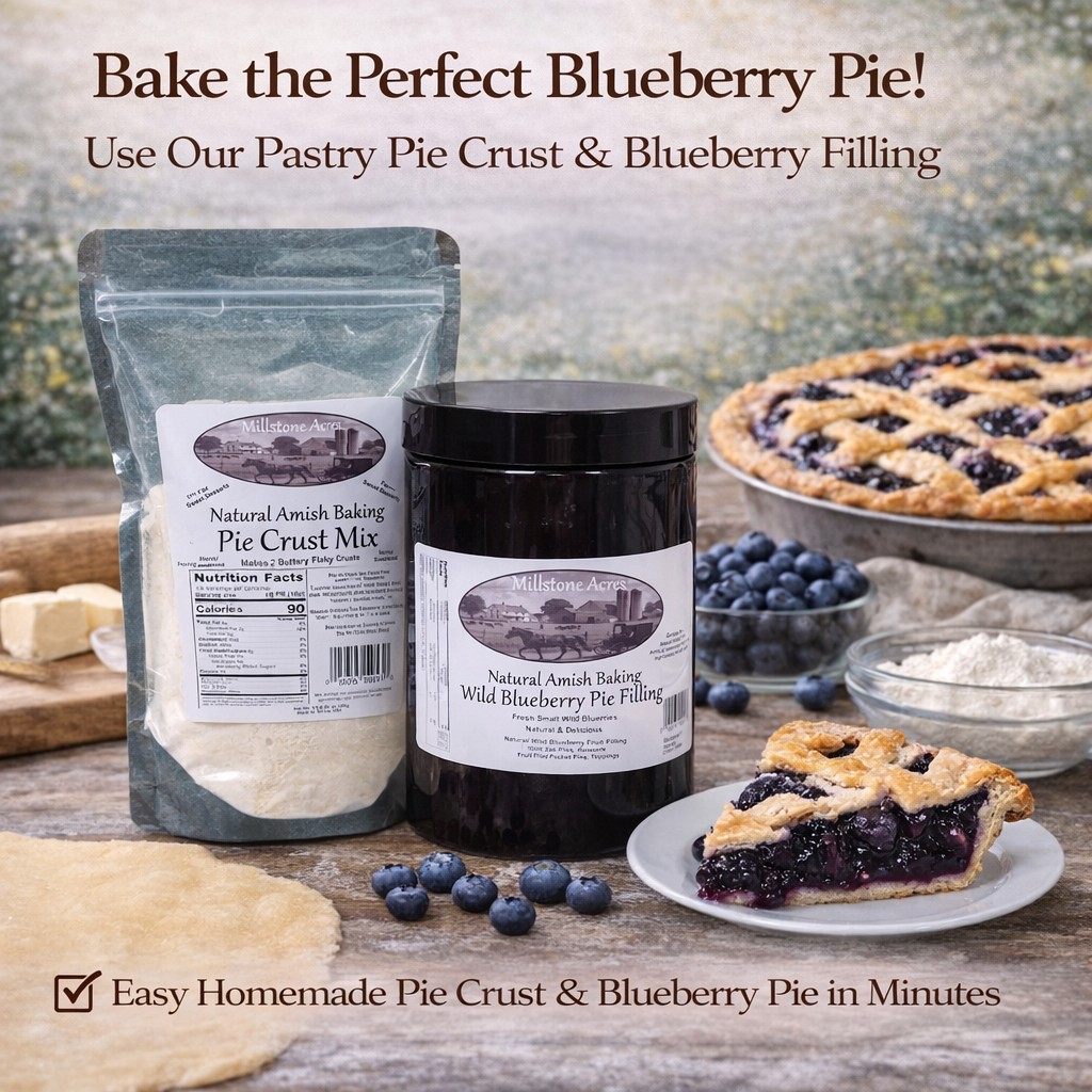 Millstone Acres Natural Wild Blueberry Pie Filling paired with Sweetened Pie Crust Mixes for homemade blueberry pie.