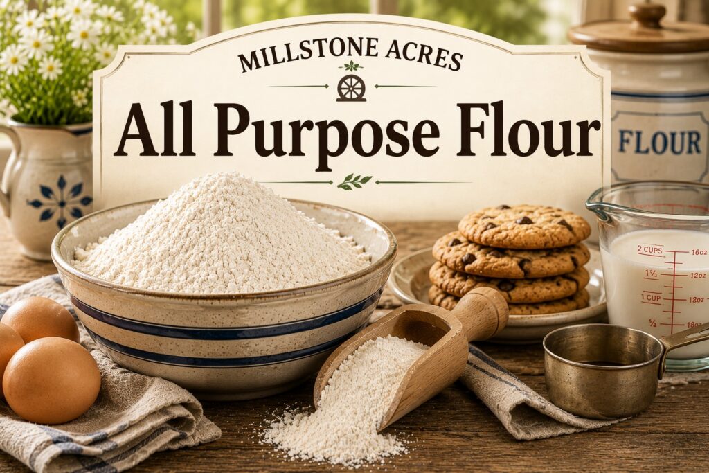 Millstone Acres All Purpose Flour displayed in a ceramic bowl with eggs, measuring cups, chocolate chip cookies, and a wooden scoop on a rustic farmhouse table.