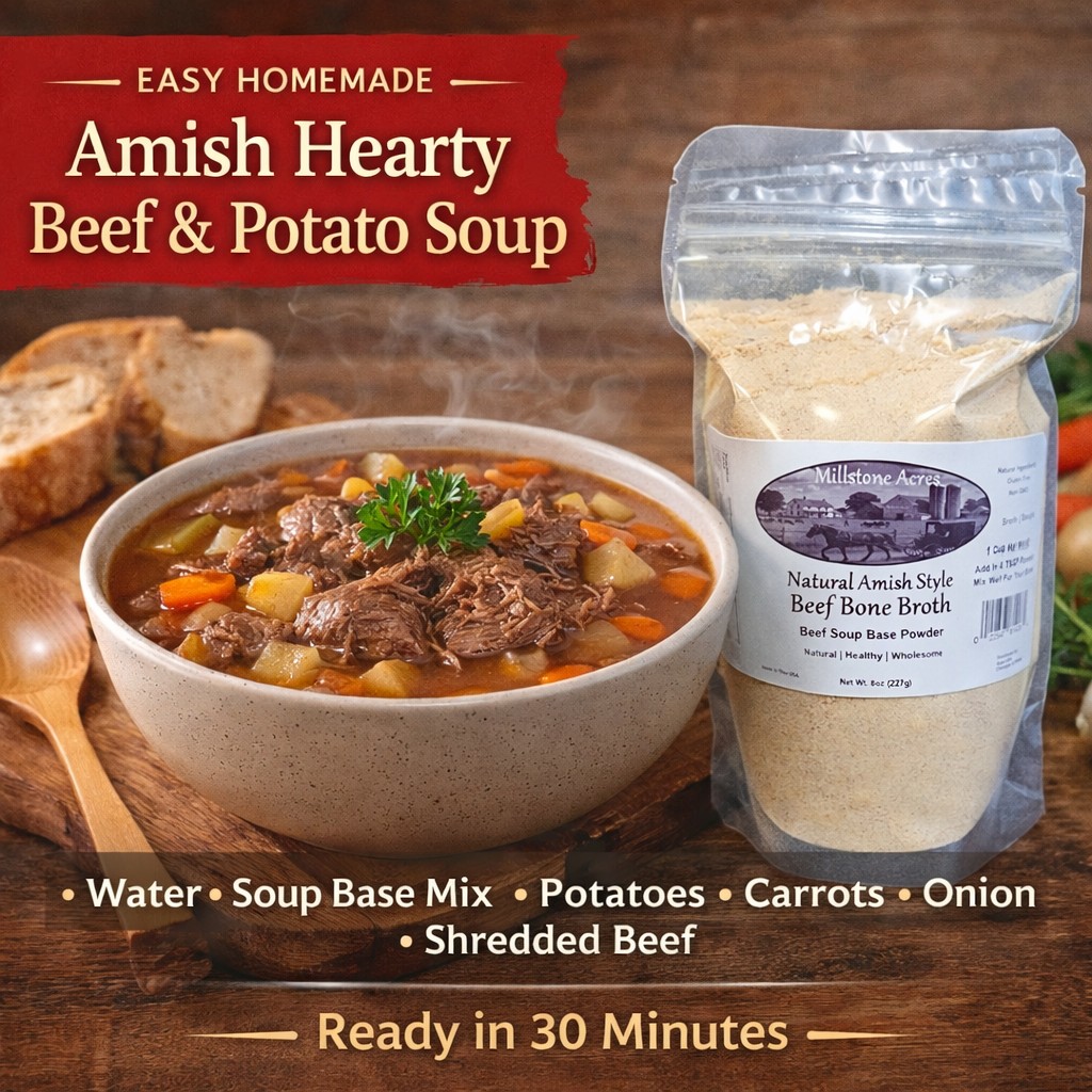 Hearty homemade beef and potato soup made with Millstone Acres Beef Bone Broth Soup Base Mix.