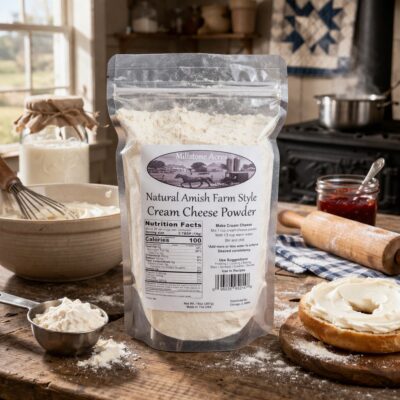 Millstone Acres Cream Cheese Powder with freshly prepared cream cheese spread on a bagel in a farmhouse kitchen.