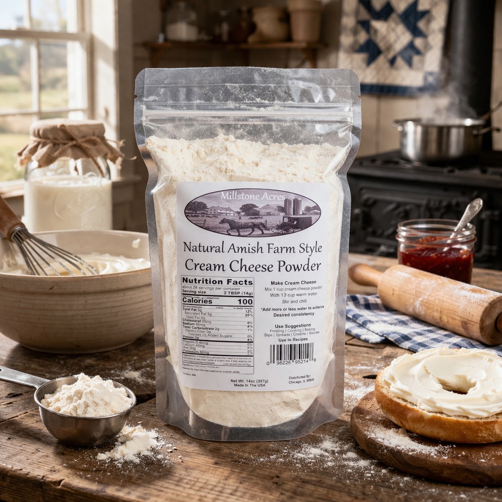 Millstone Acres Cream Cheese Powder with freshly prepared cream cheese spread on a bagel in a farmhouse kitchen.