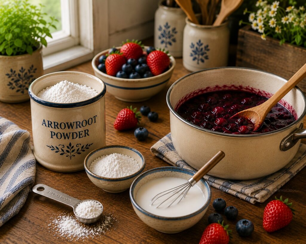 Arrowroot powder displayed with a prepared slurry, fresh berries, and a glossy fruit filling in a farmhouse kitchen.