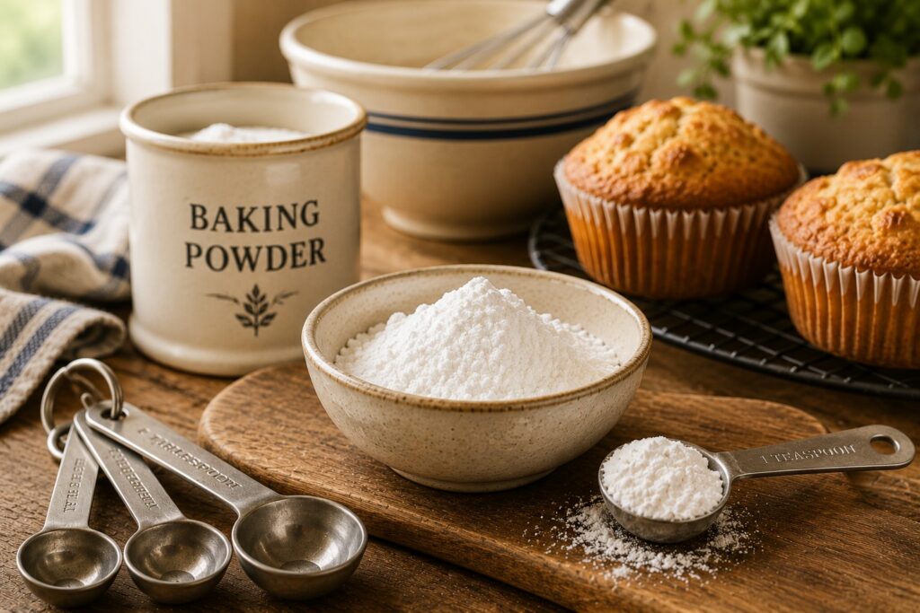 Baking powder displayed with measuring spoons and homemade muffins in a bright farmhouse kitchen baking scene.
