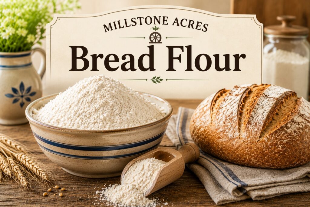 Millstone Acres Bread Flour displayed in a ceramic bowl with an artisan loaf of bread, wheat stalks, and a wooden scoop on a rustic farmhouse table.