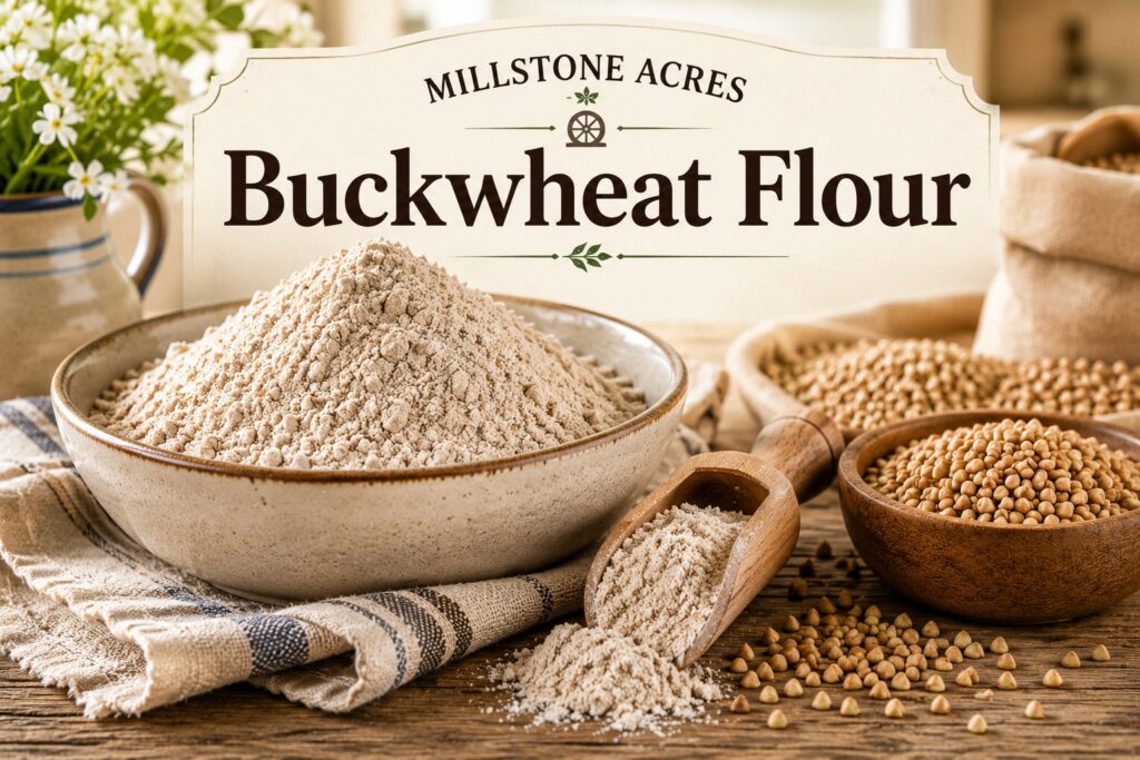 Millstone Acres Buckwheat Flour displayed in a ceramic bowl with whole buckwheat groats and a wooden scoop on a rustic farmhouse table.