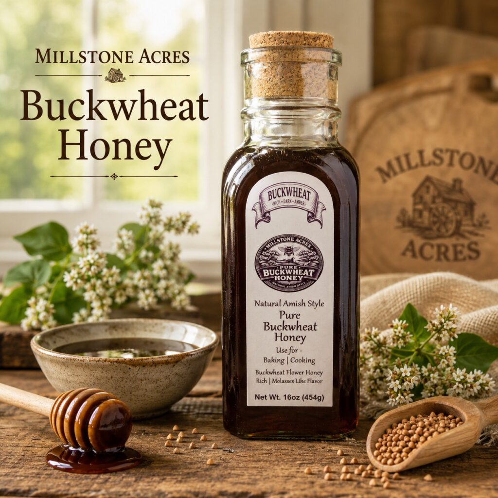 Millstone Acres Buckwheat Honey bottle displayed with a honey dipper, dark honey, buckwheat blossoms, and buckwheat seeds on a rustic farmhouse table.