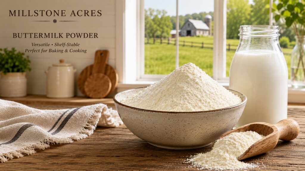 Buttermilk powder displayed in a ceramic bowl with a wooden scoop and glass bottle of buttermilk on a rustic farmhouse table, featuring Millstone Acres branding.