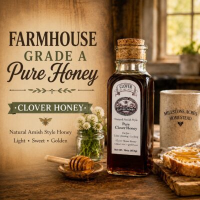 Millstone Acres Pure Clover Honey in a warm farmhouse kitchen with fresh clover blossoms, honey dipper, toast with honey, and branded homestead mug.