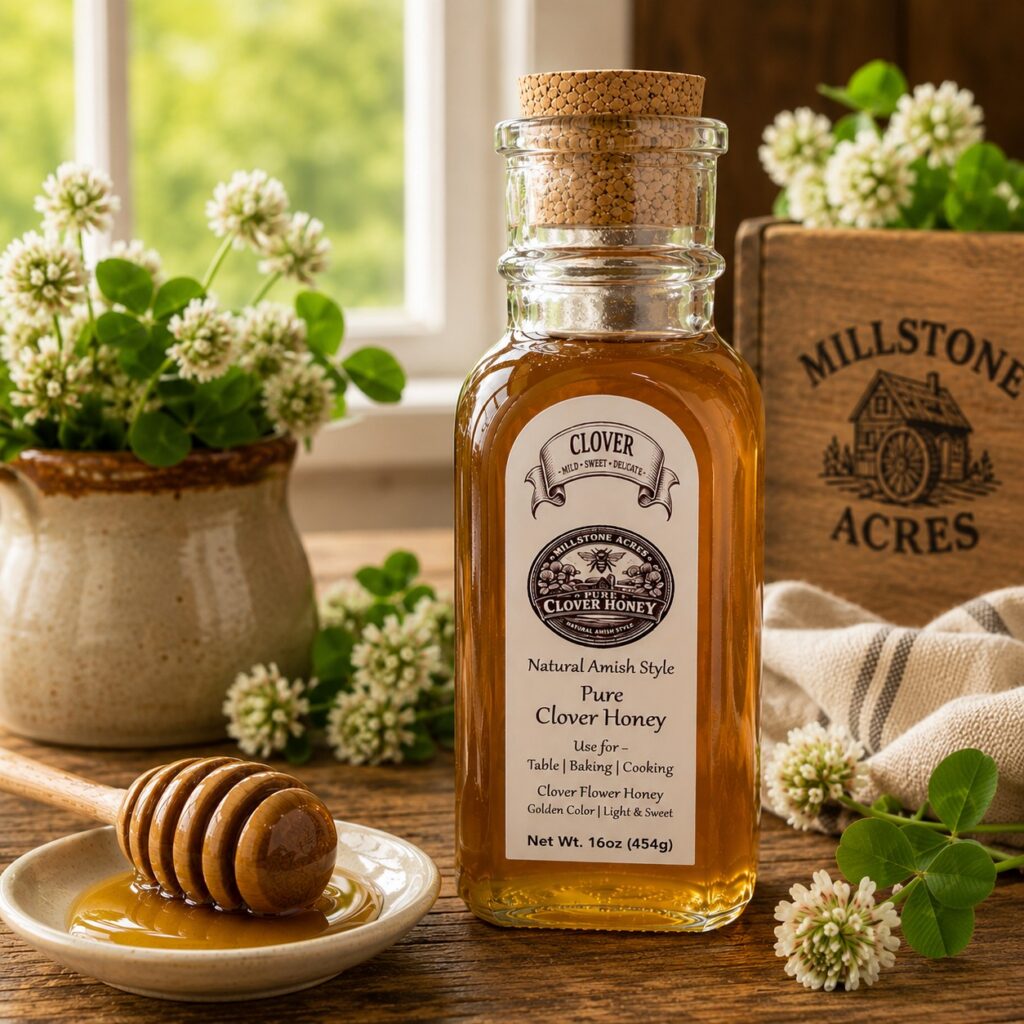 Millstone Acres Clover Honey bottle displayed with white clover blossoms, a honey dipper, and golden honey on a rustic farmhouse table.