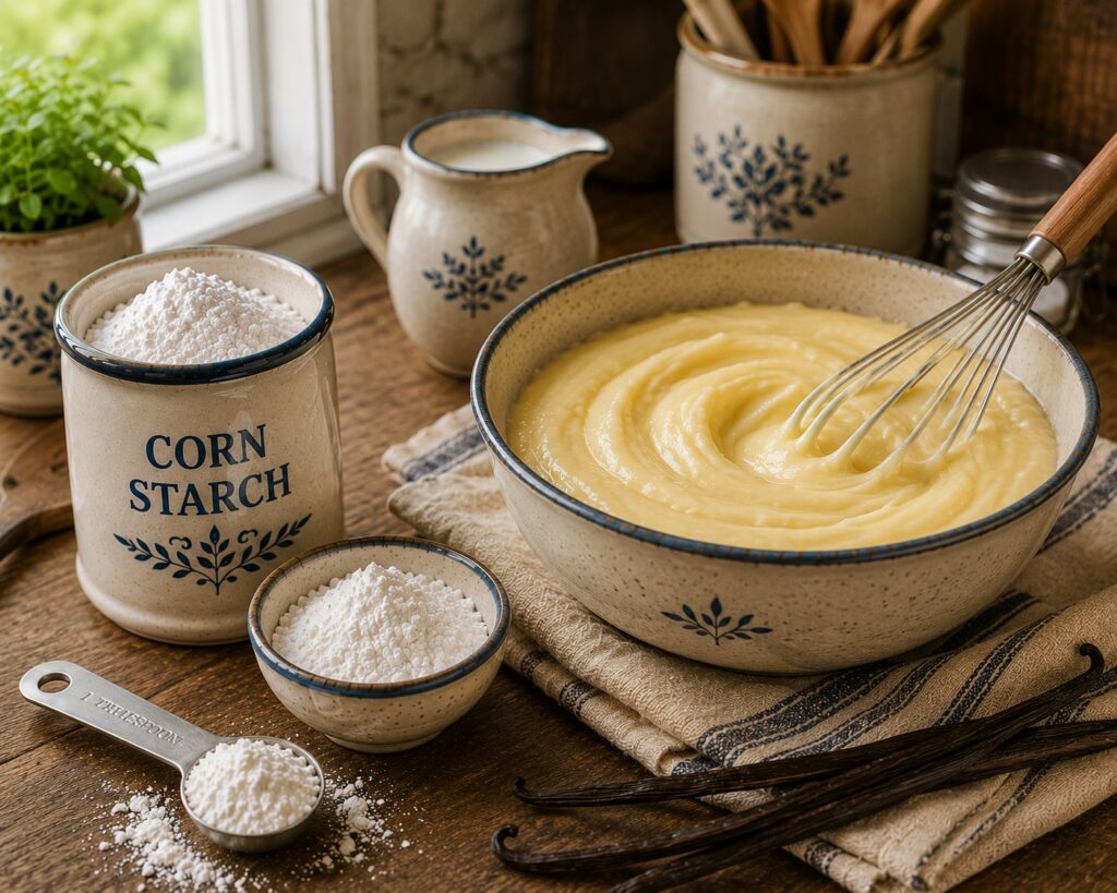 Corn starch displayed with measuring spoons and homemade vanilla pudding in a bright farmhouse kitchen baking scene.