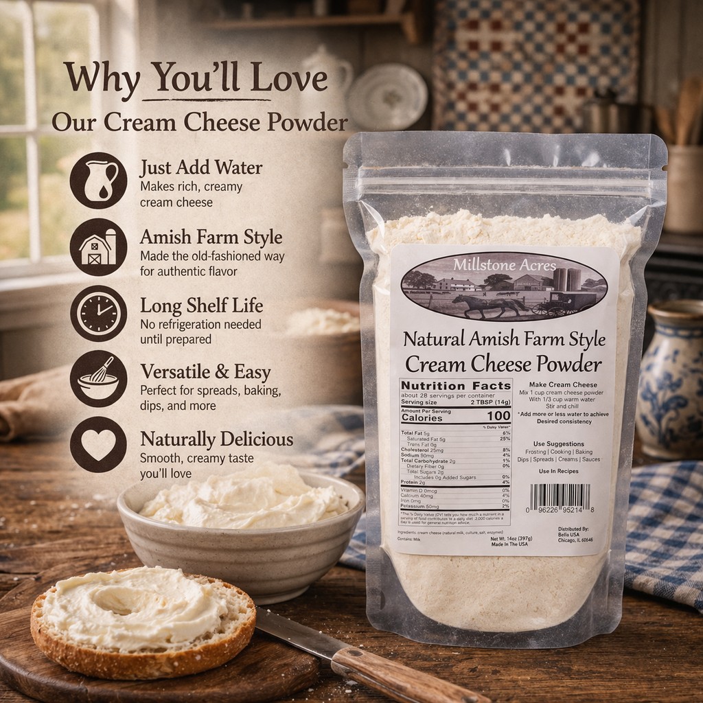 Millstone Acres Cream Cheese Powder with prepared cream cheese spread and product benefits.